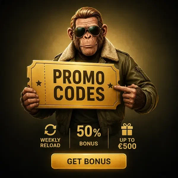 Bush Pilot chimp confidently holds golden promo code voucher at Jackpotraider portal