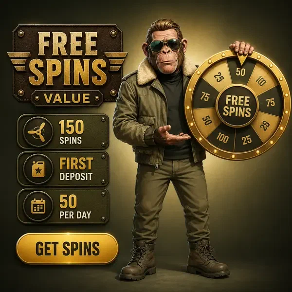 Bush Pilot chimp presenting golden prize wheel for free spins at Current Free Spins Value at Jackpotraider