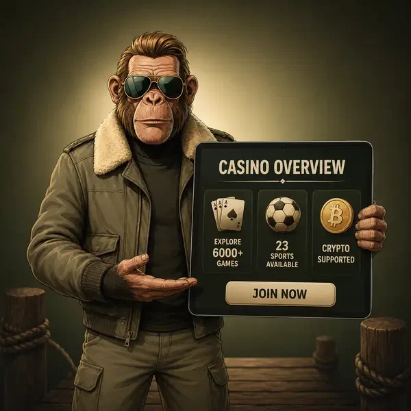 Anthropomorphic chimpanzee pilot presenting casino overview tablet at Jackpotraider riverside dock