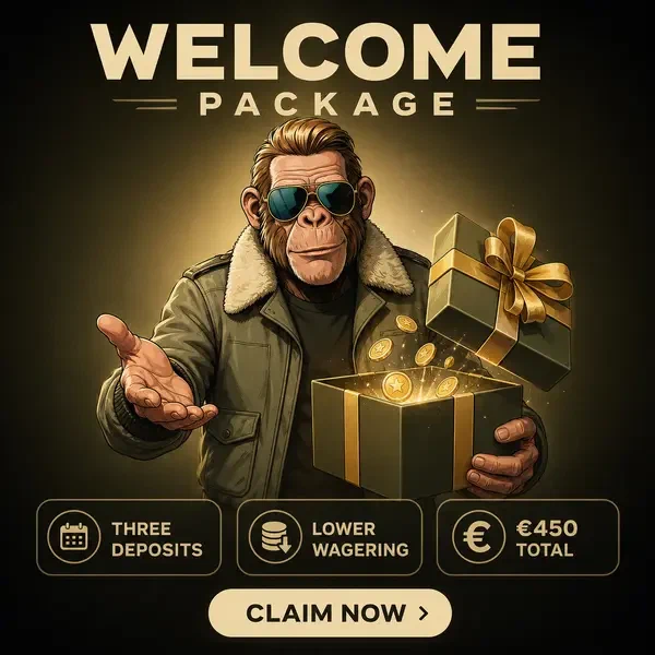 Chimpanzee in aviator sunglasses opens gift box at Jackpotraider Sportsbook sports betting welcome
