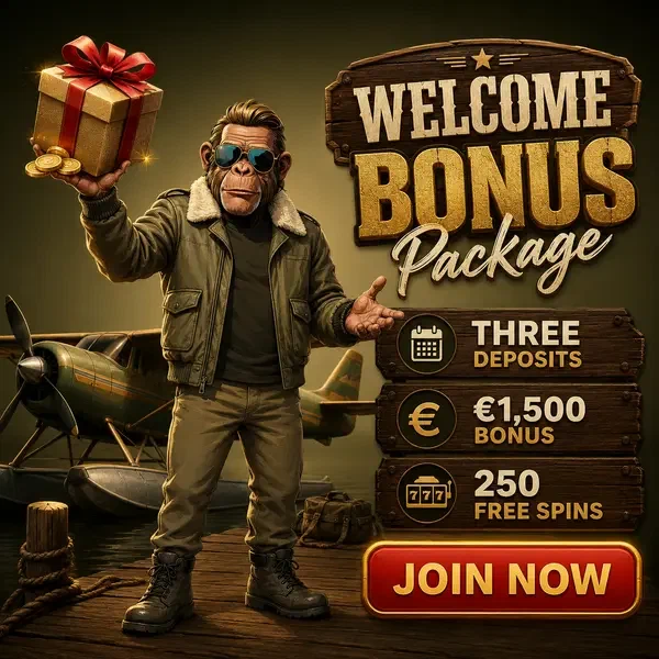 Chimp pilot presenting welcome bonus package at rustic dock with wrapped gift and golden coins