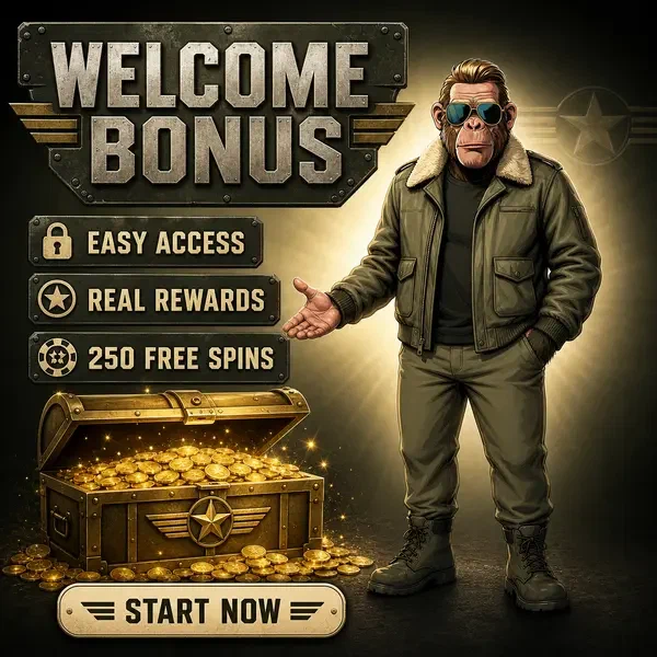 Anthropomorphic chimp in aviator jacket gesturing toward open treasure chest at Jackpotraider Casino login bonus reveal
