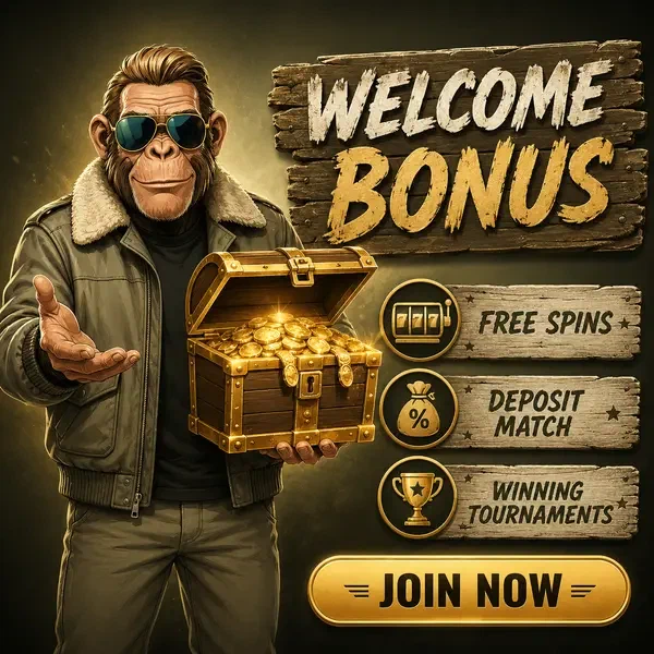 Chimpanzee pilot presenting golden treasure chest at Jackpotraider mobile app launch
