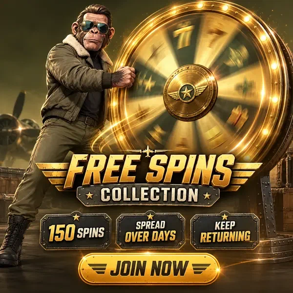 Chimpanzee pilot spins golden prize wheel for free spins at Jackpotraider slots adventure