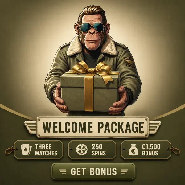 Chimpanzee pilot presenting welcome package at Welcome Package and Instant Rewards signup desk