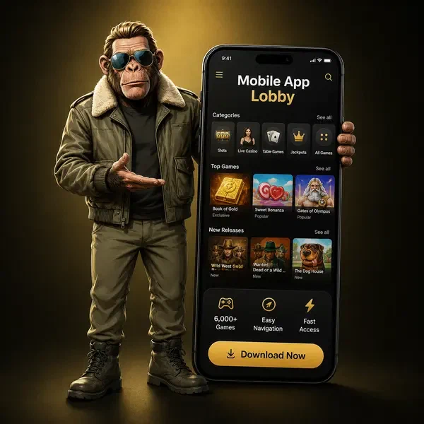 Chimpanzee pilot showcasing 6000+ games in the Jackpotraider mobile app interface