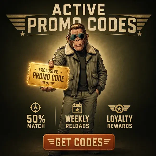 Anthropomorphic chimpanzee pilot holding golden promo code voucher at Active Promo Codes Working Today