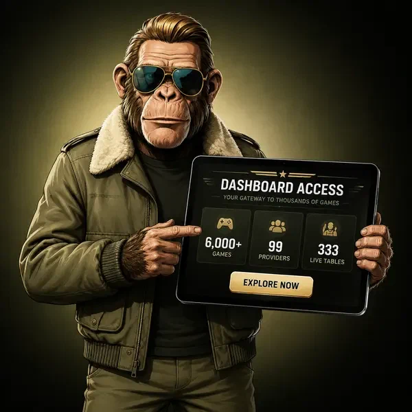 Stocky chimp pilot presenting game dashboard with 6000+ options for easy login access
