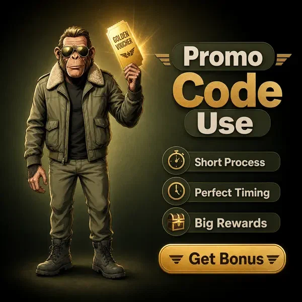 Chimp pilot revealing golden promo code voucher at Jackpotraider Casino portal