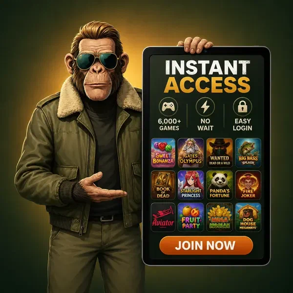 Anthropomorphic chimpanzee pilot confidently presenting tablet with 6,000+ games for instant signup at casino