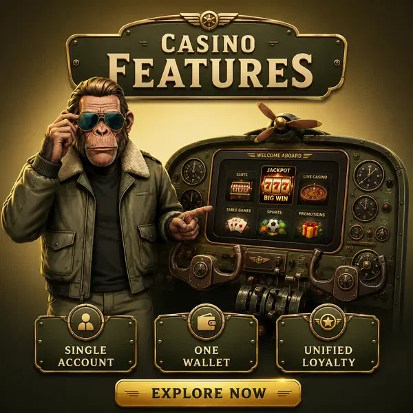 Bush Pilot chimpanzee demonstrating Jackpotraider Casino Features dashboard with unified gaming controls