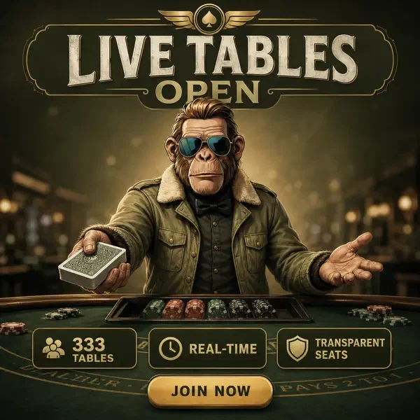 Chimpanzee dealer presenting cards at Live Tables Open Right Now live casino