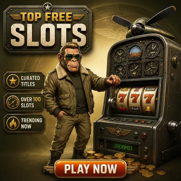 Bush Pilot chimpanzee pulling slot machine lever at Top Jackpotraider free slots arcade