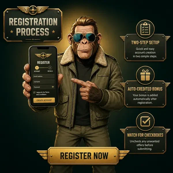 Anthropomorphic chimpanzee pilot guiding new player registration at Jackpotraider signup portal