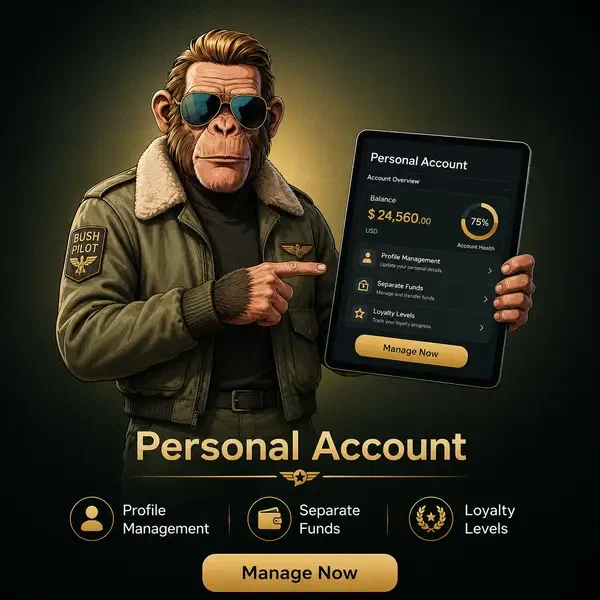 Anthropomorphic chimpanzee pilot managing personal account details on tablet at Jackpotraider