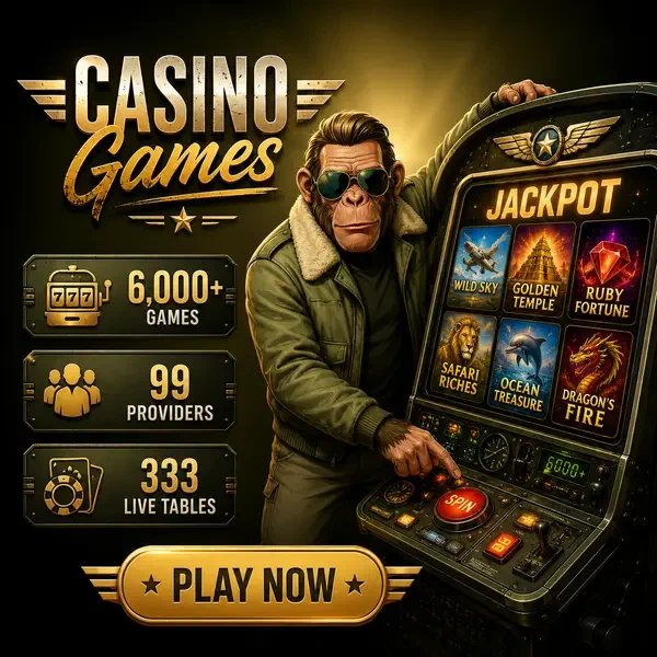 Chimpanzee pilot discovering 6,000+ casino games at Jackpotraider's glowing slot machine cockpit