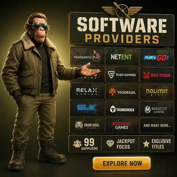 Anthropomorphic chimpanzee pilot presenting software providers at Jackpotraider mosaic wall
